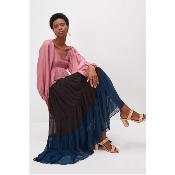ANTHROPOLOGIE Colorblocked Maxi Dress Deep V-neck Puff Sleeved Nirmooha XS NWT - Picture 7 of 8